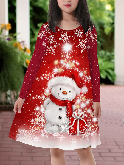 Girls' Christmas Snowman 3D Print Long Sleeve Dress, Knitted Polyester Fabric, Casual Style, Regular Fit, Stretchy, Cartoon Pattern, for Kids, Autumn/Winter Season