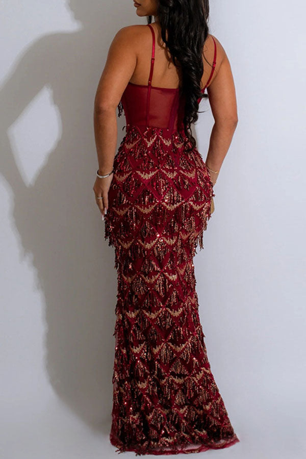 storexq Patchwork Sequined Tassel Sophisticated Maxi Dress