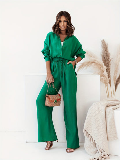 Two-Piece Solid Color Casual Outfit - Long Sleeve Lapel Collar Shirt & High Waist Wide Leg Pants Set with Drawstring Details - Polyester Knit Fabric, Mid Elasticity, Spring/Fall Wear