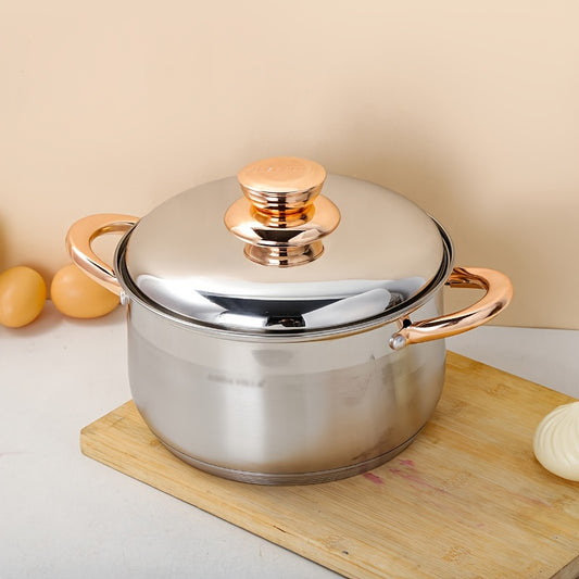 1pc Soup Pot,, High Quality Thickened Stainless Steel Soup Pot, 5-layer Bottom Double-eared Soup Pot, Stew Pot, Sauce Pot, Dessert Pot, Steel Cover, Mirror Polish, 0.5mm Pot Body, 1.57inch Pot Bottom