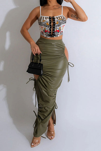 storexq Solid Color PU Party Asymmetric Cutout Lace-Up Skirt