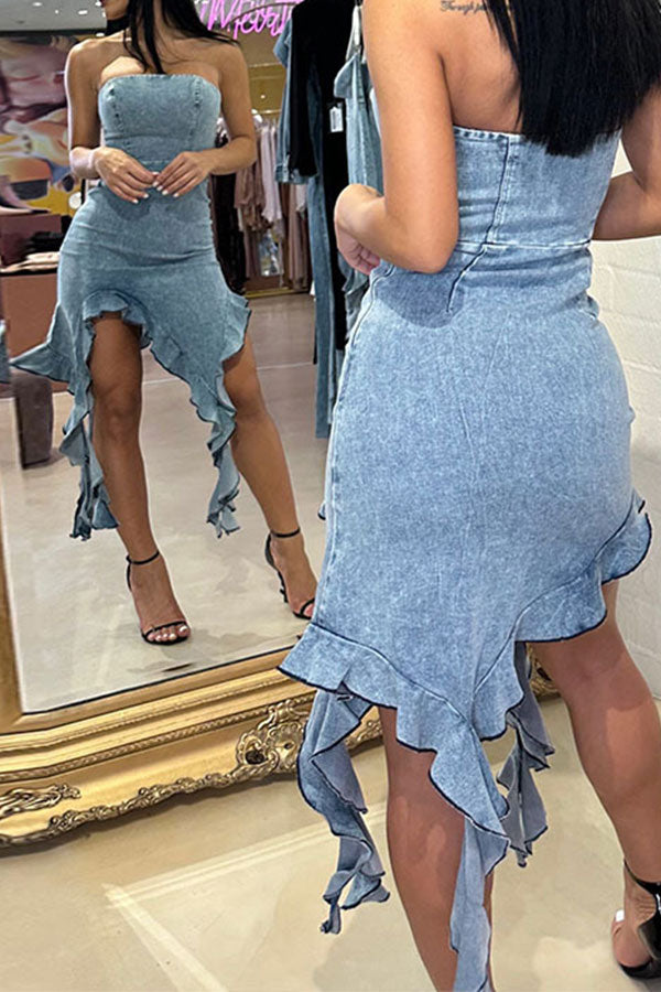 namcoverse Blue Washed Denim Strapless Rocking Ribbons Irregular Midi Dress