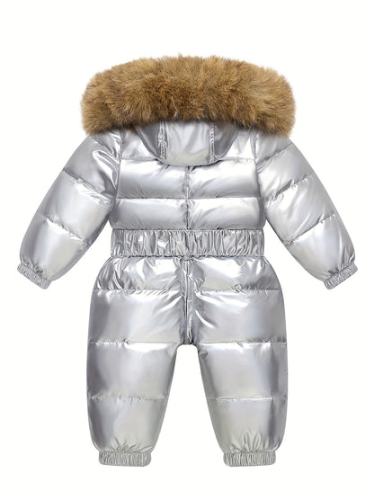 Baby's Warm Hooded Down Jacket, Thickened Long Sleeve Snowsuit With Zipper For Outdoor Wear