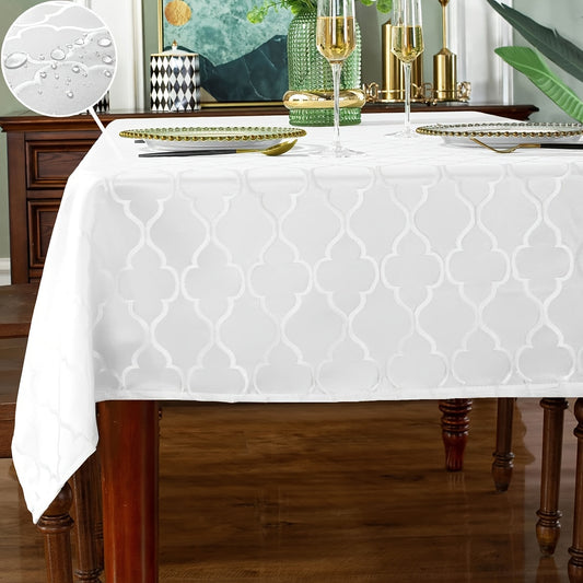 1pc Premium White Rectangle Waterproof Tablecloth - Durable Jacquard Design, Stain & Spill-Proof, Wrinkle-Resistant, Washable - Perfect for Dining, Parties, Indoor & Outdoor Events - Adds Elegance to Any Table Setting