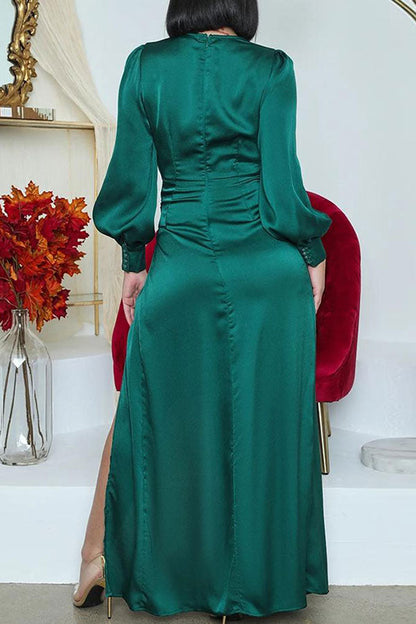 storexq Green Elegant Deep V Neck Splited Maxi Dress