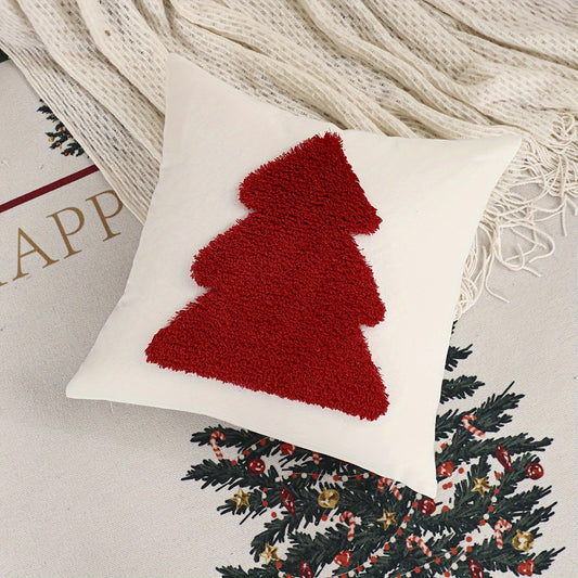 1pc Traditional Style Christmas Tree Embroidered Throw Pillow Cover, Geometric Pattern, Cotton Blend, Zip Closure, Hand Wash Only, for Living Room Decor - Festive Holiday Cushion Case