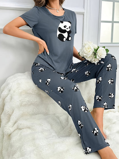 Womens Cute Panda Print Pajama Set - Short Sleeve Round Neck Top & Elastic Pants - Lightweight, Breathable, Perfect for Summer Sleepwear - Cozy, Comfortable Nightwear