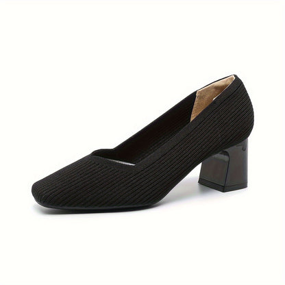 Chic Square-Toe Knitted Pumps - Comfortable Chunky Heel - Versatile Solid Colors - Perfect for Office Wear