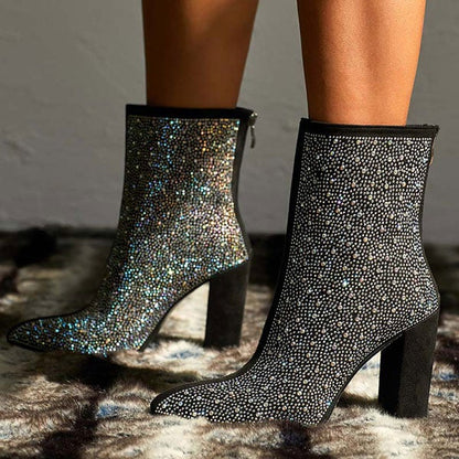 storexq Rhinestone Glittery Pointed Toe Block Boots