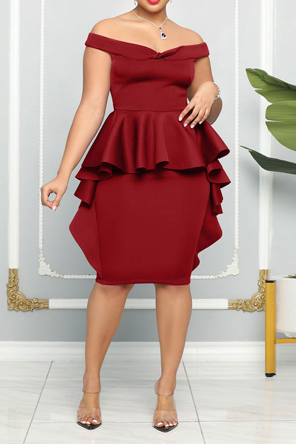 storexq Solid Color Commuting Peplum Ruffle Midi Dress