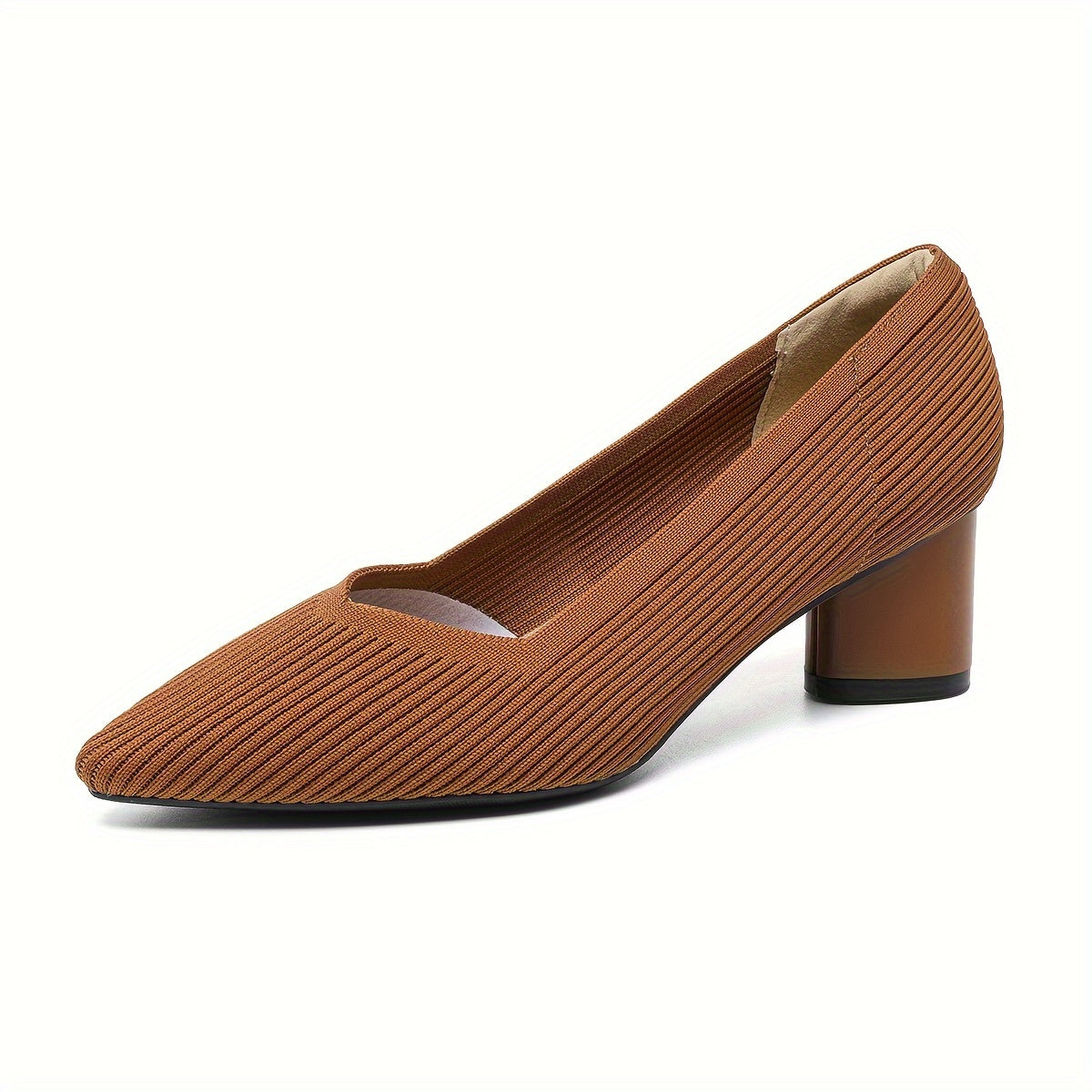 Chic Womens Knit Slip-On Pumps - Soft Chunky Heels, Pointed Toe, Breathable Comfort - Ideal for Work & Casual Style