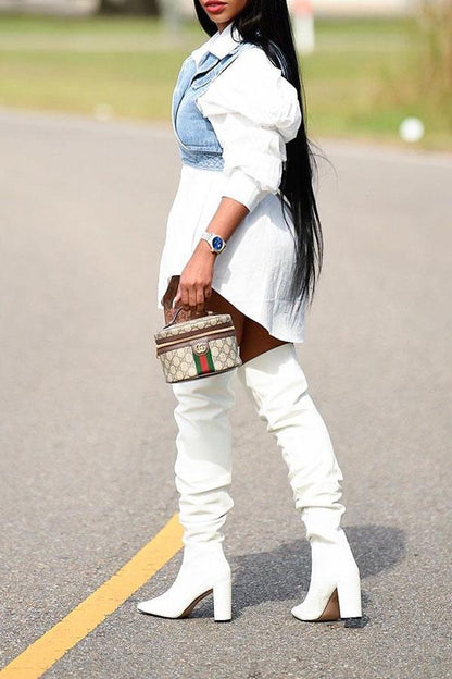 storexq Outstanding Puff Sleeve White Blouse & Adjustable Denim Gilet