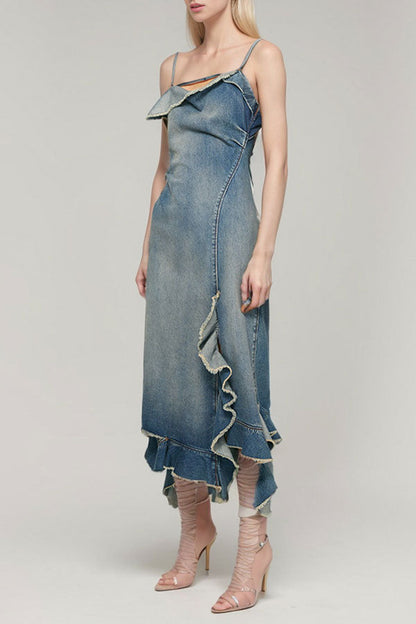 storexq Gradient Denim Backless Stunning Ruffles Irregular Midi Dress