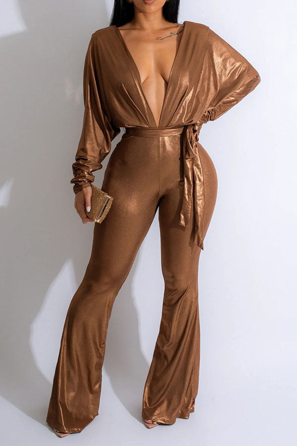 storexq Metallic Striking Lace-Up Micro Flared Jumpsuit