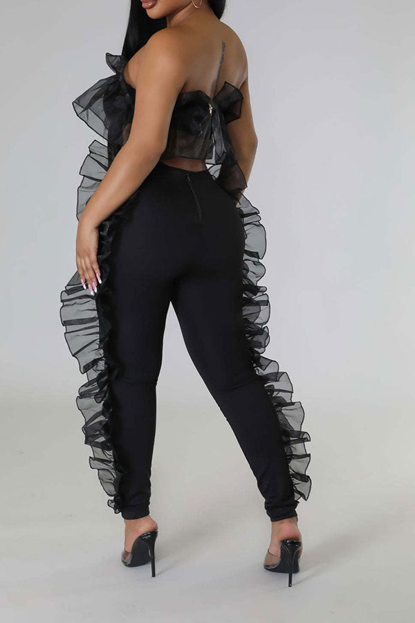 storexq Solid Color Cute Mesh Ruffle Design Pant Suit