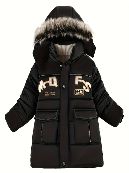 Boys Winter Hooded Long Coat With Fur Collar, Light Warm Jacket Cute Hooded Outerwear