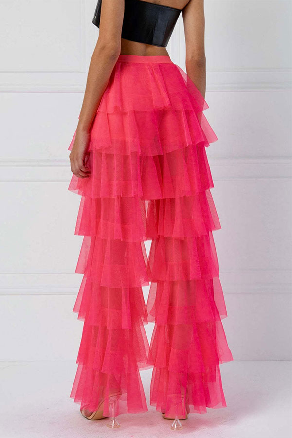 storexq Solid Color Whimsical Mesh Tiered Ruffle Pants