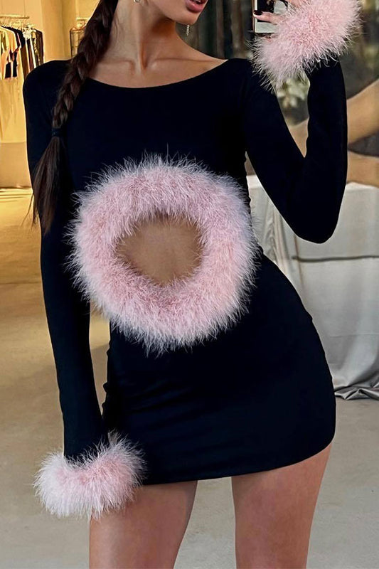 namcoverse Hit Color Fuzzy Patchwork Chic Cutout Mini Dress