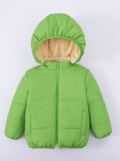 Baby's Solid Color Fuzzy Lining Quilted Jacket With Detachable Hood, Warm Zip Up Padded Coat, Baby Boy's Clothing For Fall Winter