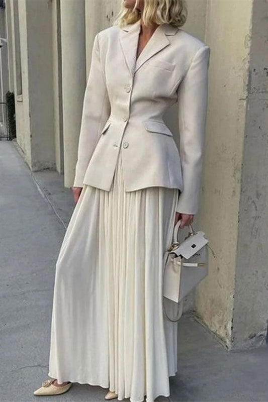 storexq Solid Color Notched Lapel Chic Pleated Dress Suit