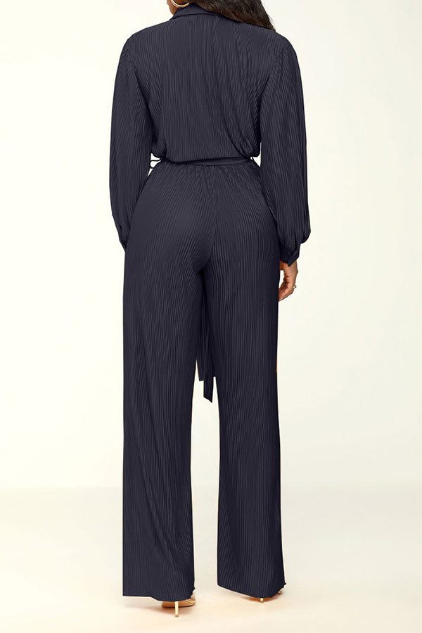 storexq Solid Color Classic Belted Pleated Jumpsuit