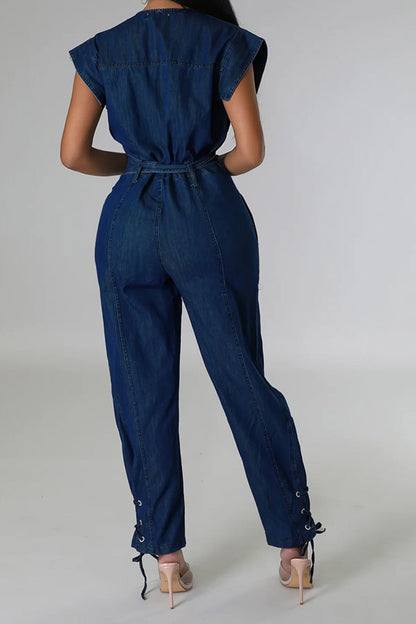 storexq Solid Color On-trend Strappy Belted Denim Jumpsuit