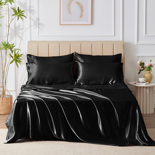 6-Piece Luxurious Satin Sheet Set - Soft, Silky Microfiber, Deep Pocket Fitted Sheet, Flat Sheet, 4 Pillowcases, Smooth, Breathable, Hypoallergenic, and Gentle on Skin