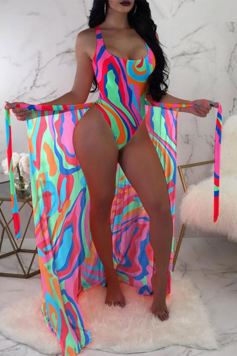 storexq Colorful Ripple Print Backless Lace-Up Three Pieces