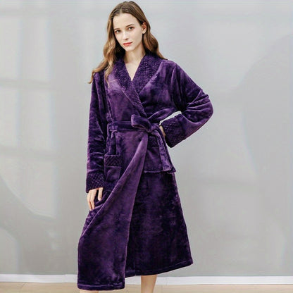 1pc Autumn And Winter Bathrobe, Soft And Skin-friendly Long Sleeve Bathrobe, Thickened Nightgown With Pocket, Warm Long Robe For Home, Bathroom Supplies