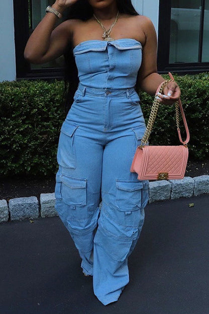 storexq Solid Color Hippy Multi Pocket Denim Jumpsuit