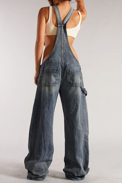 storexq Solid Color Chic Wide Leg Suspenders Jeans