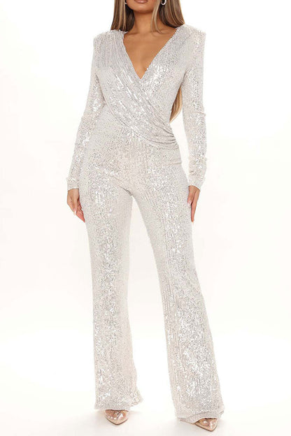 storexq Sequined Glittery Deep V Neck Jumpsuit