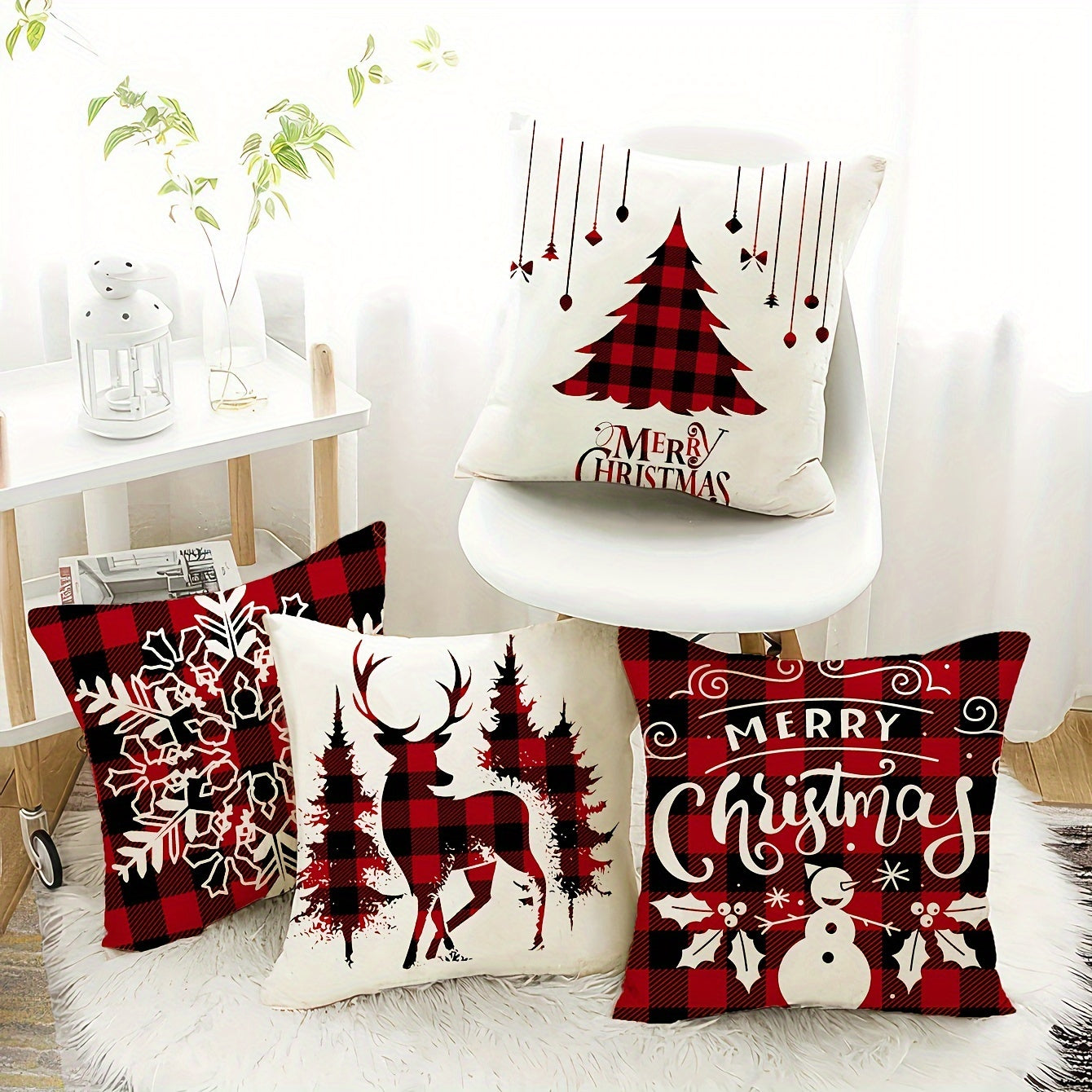 4pcs, Ultra soft pillowcase, Reindeer Christmas tree pattern pillowcase, Christmas style, Single side printing, 17.7 inches * 17.7 inches, 15.7 inches * 15.7 inches, Suitable for sofa, living room, bedroom home decoration, No pillow core