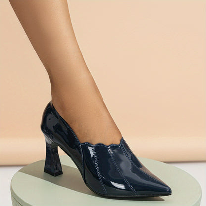 Elegant All-Season Pumps: Pointed Toe, Breathable Comfort, Slip-On, Mid-Heel, Glossy Patent Leather