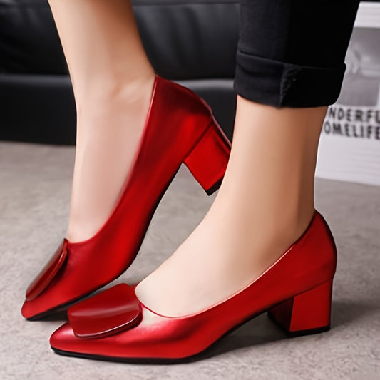 Chic Square Buckle Pumps - Solid Color Pointed Toe Design - Comfortable Chunky Heels for All-Occasion Stylish Work Wear