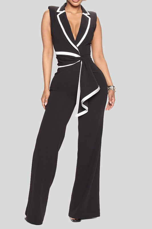 storexq Hit Color Patchwork Sophisticated Belt Decor Jumpsuit