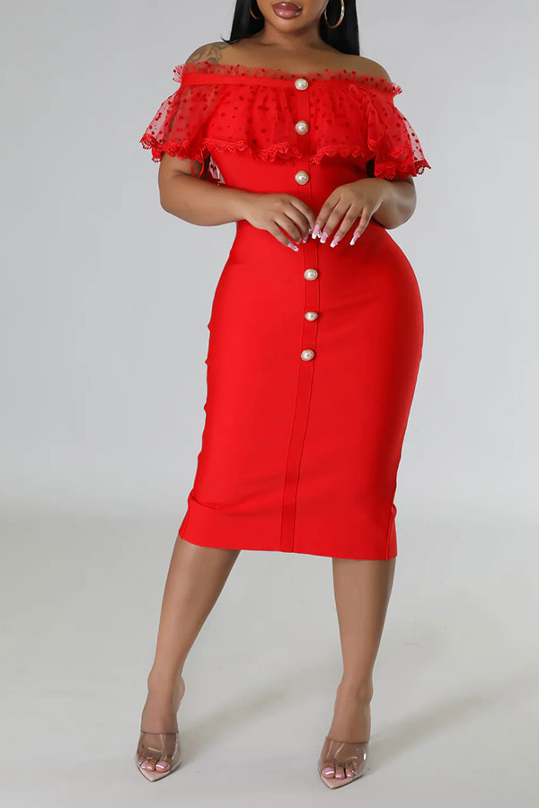 storexq Polka Dot Ruffle Off Shoulder Elegant Midi Dress