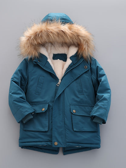 Boy's Trendy Plush Warm Lining Jacket, Long Sleeve Coat With Hat And Pockets For Autumn And Winter Outdoor Activities