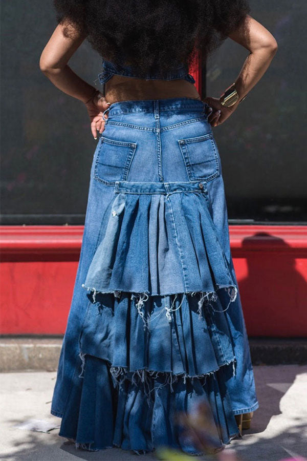 storexq Hyperbolic Patchwork Tiered Ruffle Denim Skirt