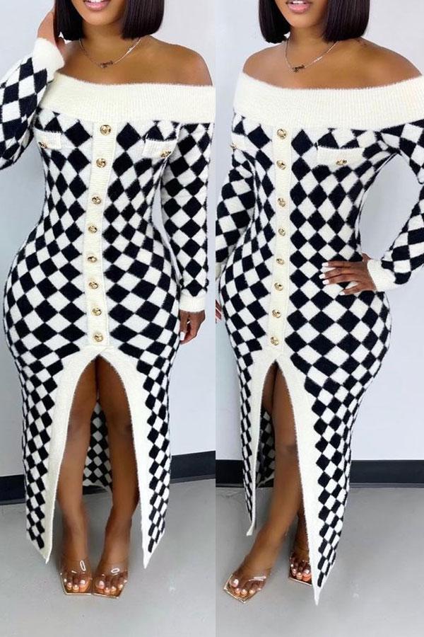 namcoverse Houndstooth Off Shoulder Elegant Split Knitted Midi Dress