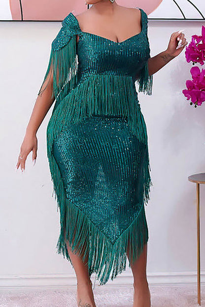 storexq Sequined Luxe Tassel Irregular Midi Dress