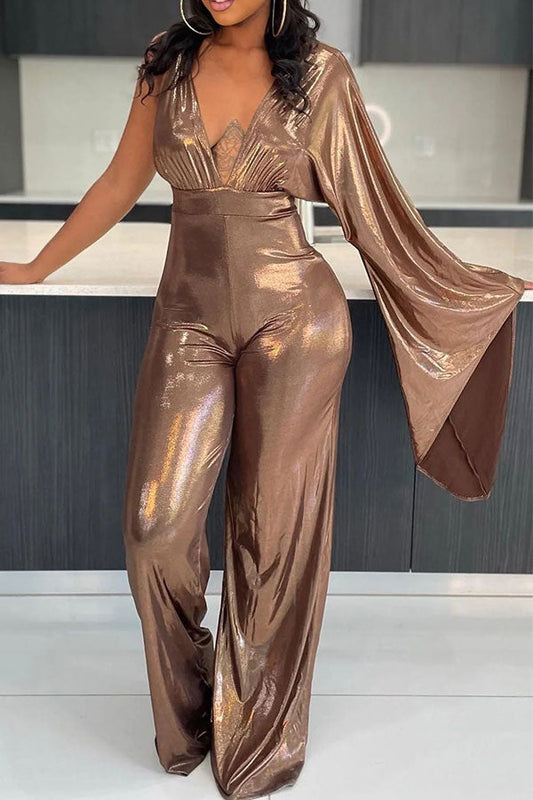 storexq Metallic Glistening Deep V Neck Jumpsuit