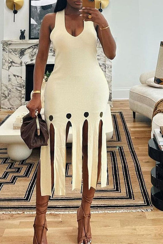 storexq Solid Color Modern Burn-Out Tassel Midi Dress