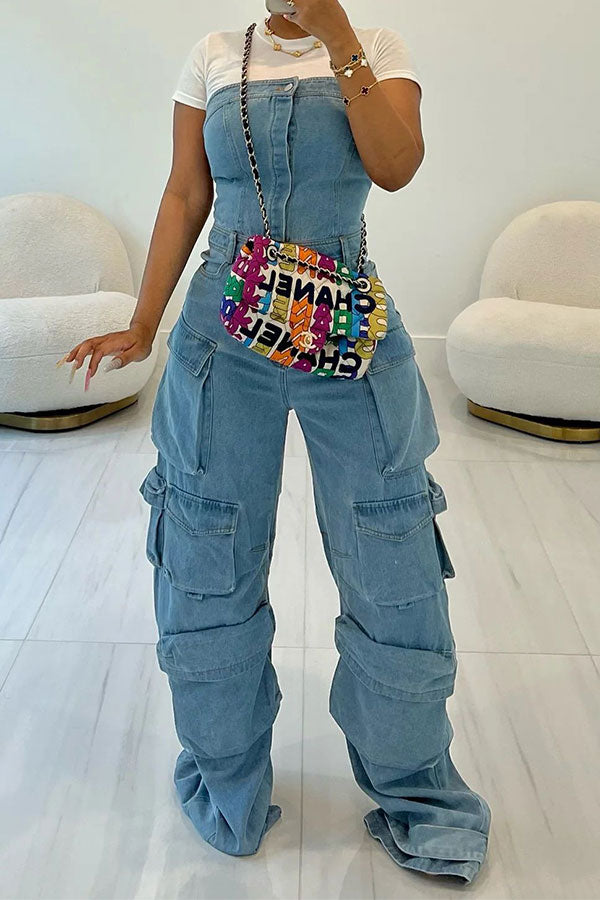 storexq Solid Color Hippy Multi Pocket Denim Jumpsuit