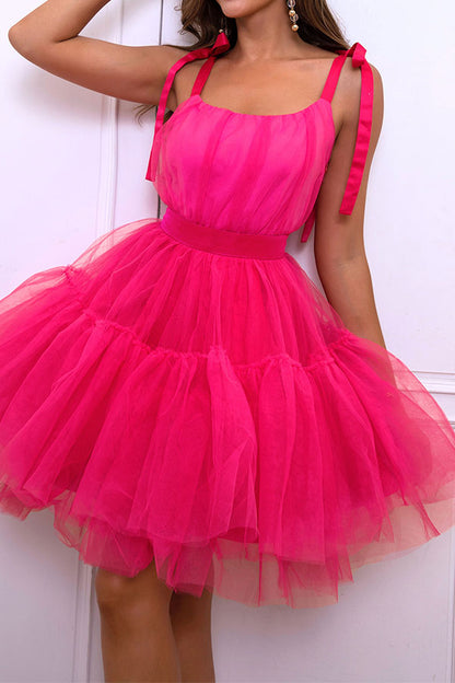 storexq Solid Color Tie Shoulder Girly Tulle Bubble Mini Dress