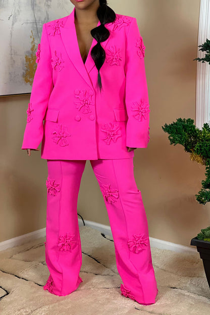 storexq Solid Color Elegant 3D Flower Design Pant Suit