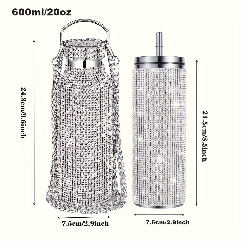 Buy 1 Get 1 Free, total of 2 pcs Glittering Sparkling Studded Insulated Vacuum Flasks - 600ml/20oz Stainless Steel Thermal Water Bottles Set for Hot and Cold Beverages - Perfect Travel Cups for Summer and Winter, Unique Gifts for Friends and Family