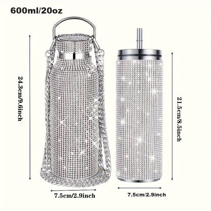 Buy 1 Get 1 Free, total of 2 pcs Glittering Sparkling Studded Insulated Vacuum Flasks - 600ml/20oz Stainless Steel Thermal Water Bottles Set for Hot and Cold Beverages - Perfect Travel Cups for Summer and Winter, Unique Gifts for Friends and Family