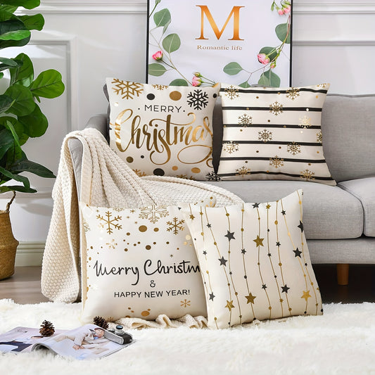 Contemporary 4-Piece Christmas and New Year Throw Pillow Covers Set, Mixed Color, Zipper Closure, Machine Washable, Woven Polyester Decorative Cushions for Home, Bedroom, Living Room, and Car Decor - Includes Pillow Covers Only