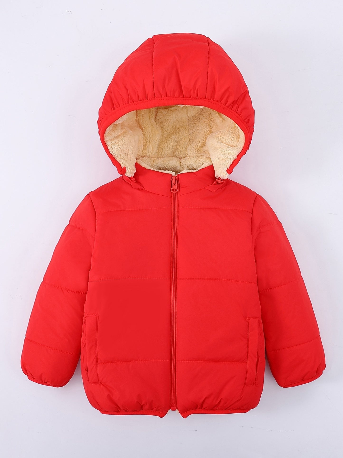 Baby's Solid Color Fuzzy Lining Quilted Jacket With Detachable Hood, Warm Zip Up Padded Coat, Baby Boy's Clothing For Fall Winter